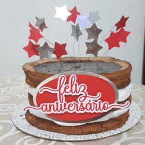 Topo De Bolo Feliz Aniversario Com Estrelhinhas